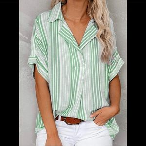 Hotapei Green and White Striped vneck top